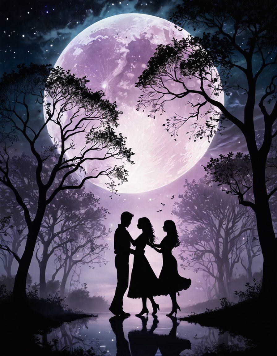 A surreal scene depicting a couple dancing under a moonlit sky, intertwined with shadows and glowing hearts. The background features a blend of dark hues and shimmering lights, symbolizing the contrast between love and darkness. Wisps of mist swirl around their feet, enhancing the mystical atmosphere, while silhouettes of trees frame the scene. The couple's expressions are tender and passionate, embodying heartfelt connections. ethereal, dreamlike, vibrant colors, super-realistic.