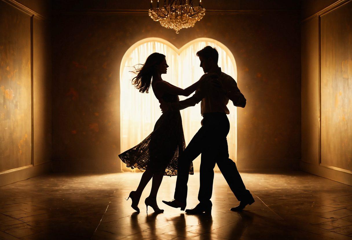 A couple gracefully dancing in a dimly lit room, their silhouettes illuminated by soft shadows and warm golden lights, embodying the interplay of desire and affection. The presence of subtle heart motifs in the background, with delicate floral patterns swirling around them, symbolizes emotional intimacy. The atmosphere is both romantic and mysterious, evoking deep emotions and connection. moody lighting. elegant brush strokes. soft focus.