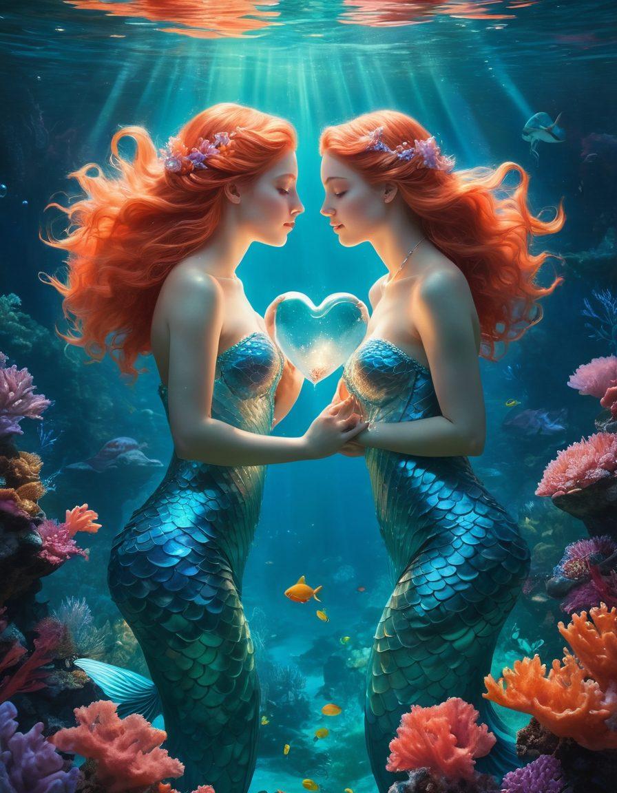 A serene underwater scene symbolizing the depths of love, featuring two elegantly intertwined mermaids holding a glowing heart-shaped pearl. Surrounding them, vibrant coral reefs and bioluminescent fish add magical elements. Soft light filters through the water, casting a mystical glow on the mermaids as they explore the enchanting depths of romantic connections. painterly style. vibrant colors. ethereal underwater ambiance.